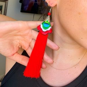 HANDMADE from Mexico Woven Thread Red Fringe Large Earrings